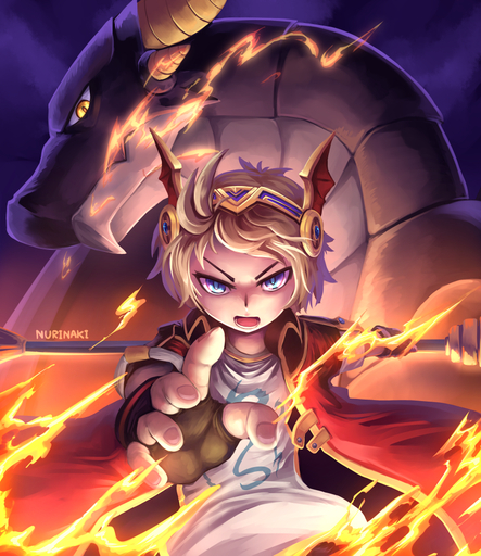 2017 accessory amber_eyes black_body black_scales blonde_hair blue_eyes clothed clothing dragon duo evan_(maplestory) feral fingerless_gloves fire front_view gloves hair hair_accessory hairband handwear horn human jacket looking_at_viewer magic magic_user male mammal mir_(maplestory) nurinaki scales shirt staff t-shirt topwear wings young // 866x1000 // 993.2KB