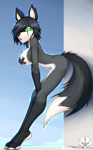 anthro bent_over big_breasts black_body black_fur black_hair black_nose breasts canid canine canis female fluffy fluffy_tail fur green_eyes grey_body grey_fur hair hair_over_eye long_legs macmegagerc mammal nancy_(macmegagerc) nipple_tape nude one_eye_obstructed open_mouth pasties simple_background slim solo tape white_body white_fur wolf // 742x1190 // 542.9KB
