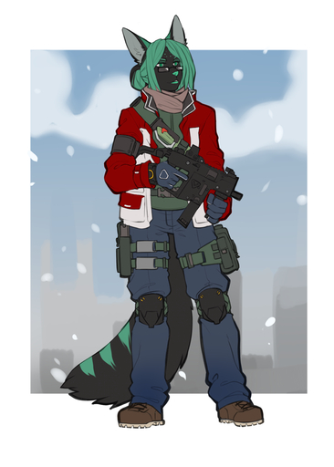 anthro canid canine clothed clothing eyewear faint fur glasses gun hair knee_pads male mammal outside ranged_weapon snow solo standing submachine_gun weapon // 786x1100 // 330.2KB