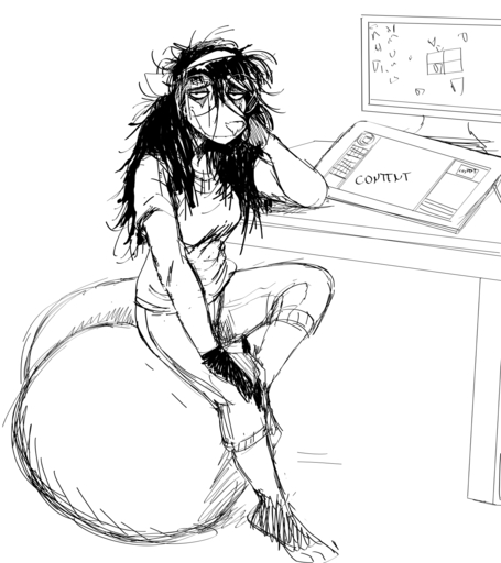 2021 accessory anthro barefoot black_and_white clothed clothing computer desk didelphid drawing_tablet english_text exercise_ball eyewear feet female furniture glasses hair hair_accessory hi_res hladilnik looking_at_viewer mammal marsupial marylin_(hladilnik) messy_hair monochrome sitting solo tablet tablet_pen text // 1280x1440 // 243.5KB