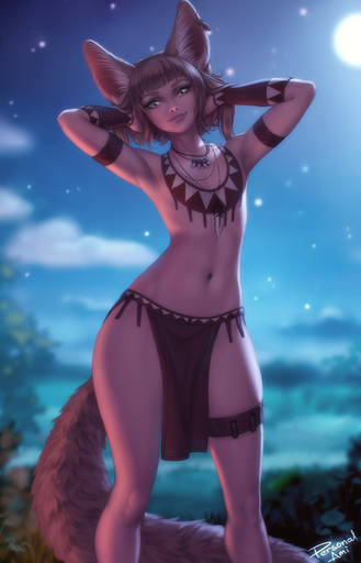 animal_humanoid armband bangs blurred_background bottomwear breasts brown_hair canid canid_humanoid canine canine_humanoid clothed clothing digital_media_(artwork) ear_piercing ear_ring female flat_chested fox_humanoid hair hand_on_head hi_res humanoid inner_ear_fluff jewelry khiara_(personalami) legband light lighting loincloth looking_at_viewer mammal mammal_humanoid moon moonlight necklace night night_sky outside personalami piercing portrait pose shaded skimpy solo standing three-quarter_portrait tuft yellow_eyes // 800x1244 // 459.0KB
