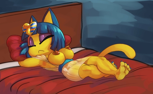 2018 ankha_(animal_crossing) anthro areola bed big_breasts blue_hair breasts clothing colored_nails countershade_feet countershading domestic_cat egyptian exposed_breasts eyeshadow feet felid feline felis female fur furniture hair hi_res lying makeup mammal nails nipples on_back on_bed short_stack siroc sleeping solo uraeus video_games yellow_body yellow_fur // 3106x1921 // 340.3KB
