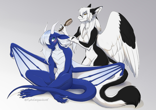 2019 5_fingers absurd_res anthro black_body black_fur blue_body blue_eyes blue_scales breasts digital_media_(artwork) dragon duo feathered_dragon feathered_wings feathers female fingers fur furred_dragon hair hi_res kyotoleopard male non-mammal_breasts scales scalie simple_background sitting smile western_dragon white_body white_feathers white_hair wings // 3507x2480 // 3.5MB