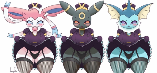 absurd_res anthro blush breasts clothed clothing clothing_lift digital_media_(artwork) dress dress_lift eeveelution female garter_straps hi_res jhenightfox looking_at_viewer nintendo panties pokemon pokemon_(species) presenting shaded short_stack sylveon thick_thighs trio umbreon underwear vaporeon video_games wide_hips // 4096x1920 // 715.5KB