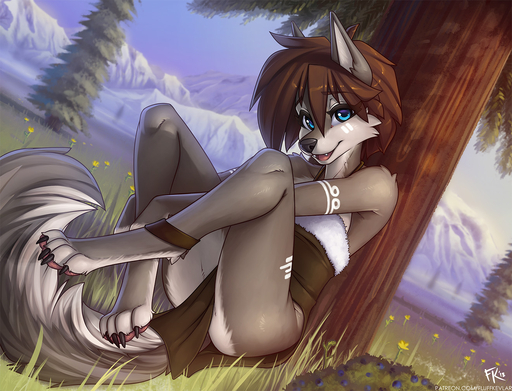 2018 4_toes anthro barefoot blue_eyes blueberry_(fruit) bottomwear bracelet brown_hair canid canine canis claws clothing crotch_apron detailed_background digitigrade feet female field flower fluff-kevlar fog food fruit fur fur_trim_(clothing) grass grey_body grey_fur hair jewelry loincloth looking_at_viewer mammal markings mountain outside pawpads pelvic_curtain pink_pawpads plant short_hair signature smile solo tala_(fluff-kevlar) text toes tree tribal tribal_markings url wolf // 1320x1008 // 352.1KB