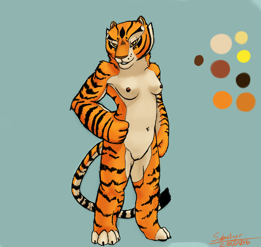 2016 anthro breasts claws dreamworks felid female fur genitals hand_on_hip hi_res kung_fu_panda looking_at_viewer mammal master_tigress nipples nude pantherine pussy red_eyes sabrotiger simple_background small_breasts smile solo striped_body striped_fur stripes tiger toe_claws yellow_sclera // 1580x1500 // 799KB