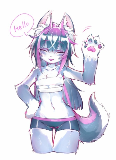 2021 4_fingers anthro belly canid canine canis cute_fangs ear_tuft english_text female fingers fluffy fluffy_tail fur grey_body grey_fur grey_hair hair highlights_(coloring) kemono linmiu39 long_hair mammal multicolored_body multicolored_fur navel pawpads pink_highlights simple_background solo text tuft two_tone_body two_tone_fur waiving white_background white_body white_fur wolf // 669x922 // 69.6KB