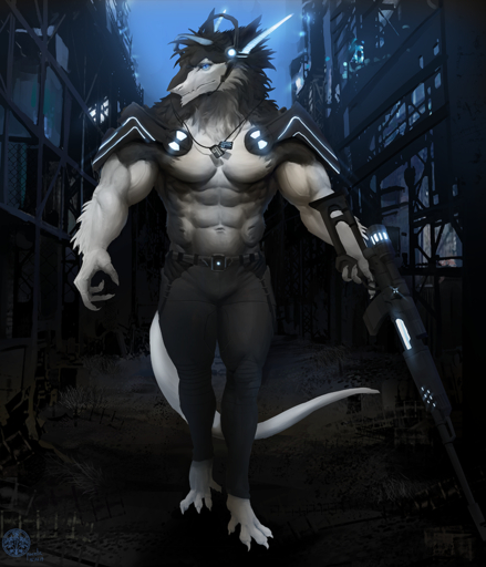 abs anthro athletic barefoot belt biceps big_muscles biped black_body black_fur black_hair blue_eyes bottomwear claws clothed clothing discordnight feet fur grey_body grey_fur gun hair headgear headwear jewelry looking_at_viewer male mammal microphone muscular muscular_anthro muscular_male necklace pacelic pants pecs ranged_weapon rifle science_fiction sergal sniper solo svd toe_claws topless vein weapon // 869x1013 // 1.0MB