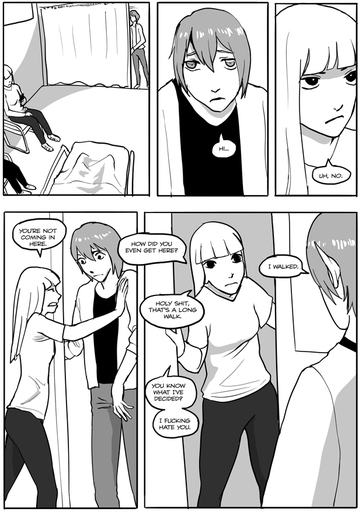 bottomwear clothing comic dialogue elf english_text female grimart hair hospital humanoid humanoid_pointy_ears jacket long_hair male monochrome not_furry pants shirt short_hair standing text topwear // 620x877 // 263.9KB