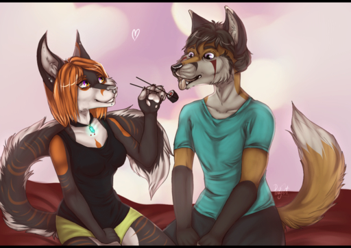 anthro black_bars black_hair breasts canid canine clothed clothing digital_media_(artwork) duo female fox hair letterbox male mammal orange_hair padjetxharrington smile teeth tongue // 1279x907 // 1.1MB