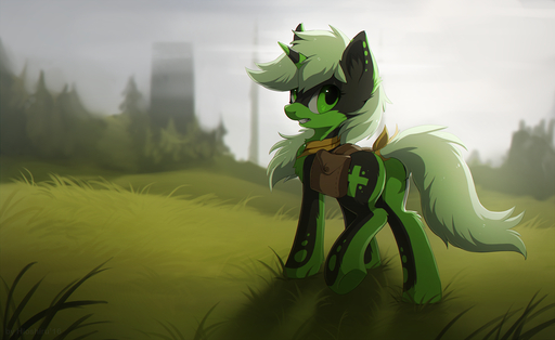 cutie_mark day detailed_background equid equine eyelashes fan_character female feral fur grass green_body green_eyes green_fur hair hioshiru hooves horn horse looking_back mammal nude outside plant sky solo standing unicorn unicorn_horn white_hair // 1280x784 // 740.0KB