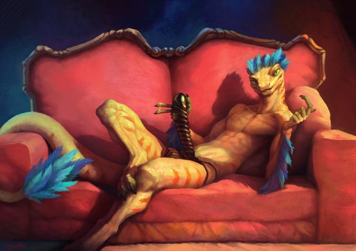 anthro biped chastity_cage chastity_device claws feathered_snake feathered_tail feathers furniture genitals hi_res klongi looking_at_viewer male penis reptile scaled_body scales scalie snake sofa solo // 2319x1641 // 372.0KB