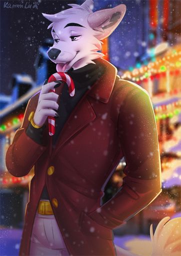 2021 anthro black_nose canid canine canis clothed clothing detailed_background digital_media_(artwork) eyebrows eyelashes fur kammi-lu male mammal night open_mouth outside teeth tongue white_body white_fur wolf // 707x1000 // 664KB