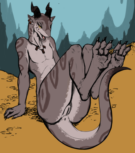 anthro anus bedroom_eyes cave claws digitigrade ear_piercing female flat_chested foot_focus gold_(metal) half-closed_eyes horn kobold necklace nude open_mouth piercing pussy queblock scalie sitting smile solo toe_claws tongue yellow_sclera // 705x800 // 370.8KB