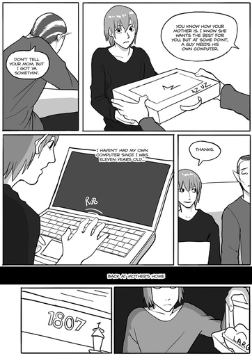 bottomwear clothing comic computer dialogue egg elf english_text gift grimart hair humanoid humanoid_pointy_ears keyboard laptop leto_(grimart) male monochrome pants shirt short_hair sitting smile text topwear // 620x877 // 260.3KB
