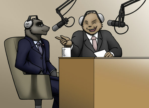 anthro beaver beverage business_suit chair clothing coffee coffee_mug desk domestic_ferret duo furniture headphones interview male mammal meesh microphone mustela mustelid musteline necktie paper rodent sitting sitting_in_chair story_at_source suit true_musteline // 600x435 // 37.3KB