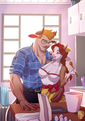 2016 absurd_res alanscampos anthro bandanna beard belt big_breasts blue_eyes bottomwear bovid bovine braided_hair breasts brown_horn bucket cattle cleavage clothed clothing container cutlery duo egg eyewear facial_hair female glasses grey_horn hair hereford_cattle hi_res holding_object holding_spoon horn inside kerchief kitchen kitchen_utensils larger_male long_hair male malefemale mammal melisa muscular open_mouth open_smile orange_hair pants purple_eyes red_hair rick_(alanscampos) romantic romantic_couple shirt size_difference skirt smaller_female smile spoon teeth tongue tools topwear towel window // 2893x4092 // 1.4MB