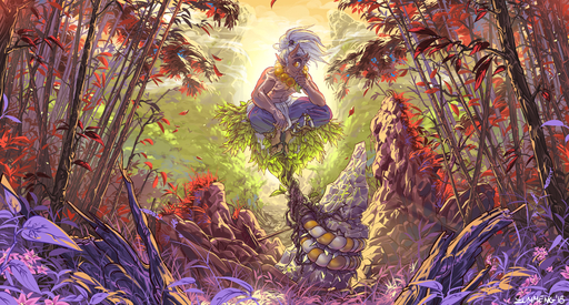 1_eye 5_fingers 5_toes absurd_res clothed clothing cyclops detailed_background feet fingers footwear forest glowing glowing_markings hair hi_res horn humanoid jewelry male markings midriff mountain nature necklace outside plant rock sandals solo stones toes topless tree white_hair yellow_eyes zummeng // 6000x3223 // 18.0MB