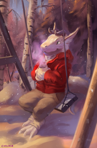 2018 anthro beverage blue_eyes chunie claws clothed clothing container cup day detailed_background digital_media_(artwork) fluffy fluffy_ears fluffy_tail fur furred_kobold hi_res holding_cup holding_object horn kobold male mammal outside sky smile solo swing_set // 835x1280 // 575.0KB