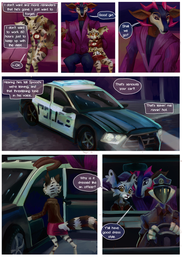 2019 4_fingers amber_eyes android anthro antlers bandeau black_eyes black_spots black_stripes bottomwear breasts brown_body brown_fur car cervid cervine cleavage cleavage_cutout clothed clothing clouded_leopard comic detailed_background dialogue digital_media_(artwork) driving duo_focus english_text eyes_closed felid female fingers fur grey_body grey_fur grimart group hand_on_shoulder horn inside inside_car jacket jonesy_hoovus_(grimart) machine male mammal metallic_body miniskirt open_mouth outside pantherine pants police_cap police_car robot sitting skirt smile speech_bubble spots standing steering_wheel straxus stripes text text_box topwear vehicle white_body white_fur // 620x877 // 422.2KB