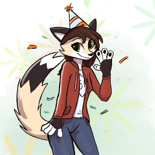 1:1 2019 abstract_background anthro birthday_hat black_nose bottomwear brown_hair canid canine clothed clothing digital_media_(artwork) dipstick_tail enginetrap female fox fully_clothed fur gesture green_eyes hair hi_res jacket looking_at_viewer mammal markings multicolored_tail pants pawpads shaded shirt smile solo standing t-shirt tail_markings tan_body tan_fur topwear waving white_body white_fur // 1400x1400 // 1.5MB