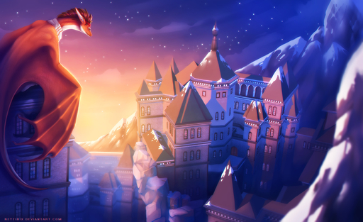 ambiguous_gender brown_hair building castle detailed_background dragon feral hair hi_res horn long_ears membrane_(anatomy) membranous_wings mountain neytirix nude orange_body orange_scales scales scarf sky snow solo star starry_sky twilight wings // 1767x1080 // 393.1KB