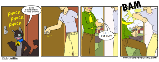 anthro bell bell_collar blue_eyes canid canine collar comic dialogue domestic_cat duo_focus edit english_text felid feline felis group human humor male mammal maxwell_(housepets!) rick_griffin smile sound_effects speech_bubble text url violence webcomic webcomic_character // 940x369 // 213.6KB