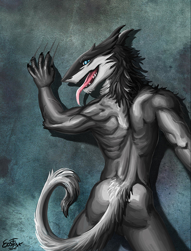 2015 5_fingers anthro biped black_hair blue_eyes butt claws eosfoxx fingers fur grey_body grey_fur hair looking_at_viewer looking_back male mammal nude open_mouth rear_view scratch sergal simple_background solo standing teeth tongue tongue_out // 615x808 // 416.6KB