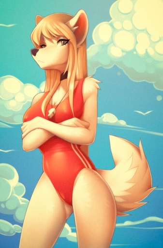 anthro blonde_hair breasts canid canine clothed clothing cloud collar crossed_arms digital_media_(artwork) eyelashes female hair hi_res long_hair looking_at_viewer mammal marblesoda nipples one-piece_swimsuit outside sky solo sport_swimsuit standing swimwear whistle // 856x1300 // 181.9KB