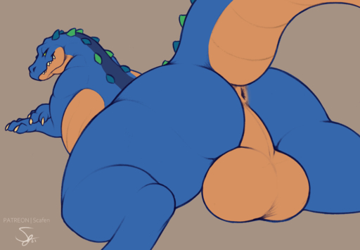 2021 3_toes absurd_res alligator alligatorid anthro anus back_spines backsack balls big_balls big_butt blue_body blue_skin butt crocodilian feet feral genitals hi_res looking_at_viewer looking_back lying male multicolored_body multicolored_skin on_front orange_balls orange_body orange_skin presenting presenting_anus presenting_balls raised_tail reptile salsa_(gator) scafen_(artist) scalie simple_background slightly_chubby smile solo thick_thighs toes two_tone_body two_tone_skin // 3749x2602 // 1.8MB