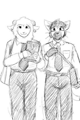 2:3 anthro bible black_and_white bovid caprine clothed clothing domestic_cat domestic_sheep duo felid feline felis hair hi_res hladilnik horn male mammal monochrome necktie religion sheep smile whiskers // 1280x1920 // 976.6KB