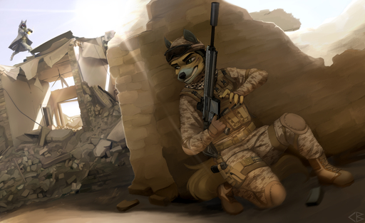 2019 absurd_res anthro canid canine canis codyblue-731 desert digital_media_(artwork) domestic_dog dynamic fight fur hi_res male mammal ruins war weapon // 6336x3872 // 13.2MB