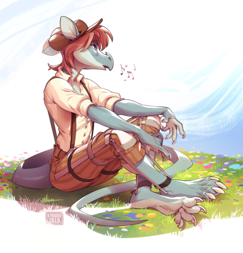 2019 5_fingers anthro barefoot biped clothed clothing dragon feet fingers grass kyander male plant sitting solo wingless_dragon // 1000x1040 // 1.1MB
