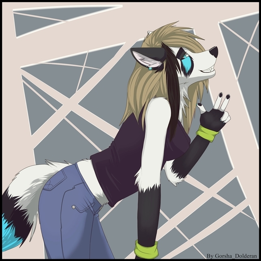 1:1 abstract_background anthro black_border border canid canine clothed clothing ear_piercing female gorsha_pendragon leaning leaning_forward mammal piercing side_view solo watermark // 914x914 // 304KB