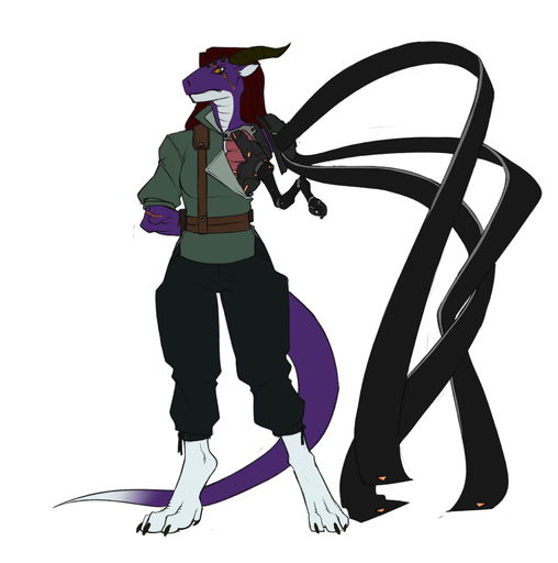 2015 anthro arun_(tokaido) athletic athletic_anthro biped claws clothed clothing cybernetic_limb cybernetics cyborg digitigrade dragon faint frown hair hi_res horn machine purple_body purple_skin red_hair scalie scar simple_background solo standing toe_claws white_background yellow_eyes // 1968x1982 // 630.4KB