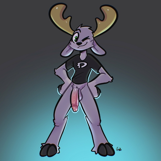 1:1 absurd_res anthro antlers balls big_penis bottomless bottomless_anthro bottomless_male cervid clothed clothing elbow_tufts fur genitals gradient_background grey_body grey_fur hands_on_hips hi_res hooves horn huge_penis male mammal one_eye_closed penis pubes shirt simple_background smile solo t-shirt the_xing1 topwear wink // 3000x3000 // 336.5KB