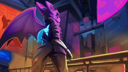 16:9 ambiguous_gender anthro black_sclera blue_eyes city cityscape clothed clothing cyberpunk dragon hi_res kari kite512 looking_back prosthetic solo wings // 1920x1080 // 2.0MB