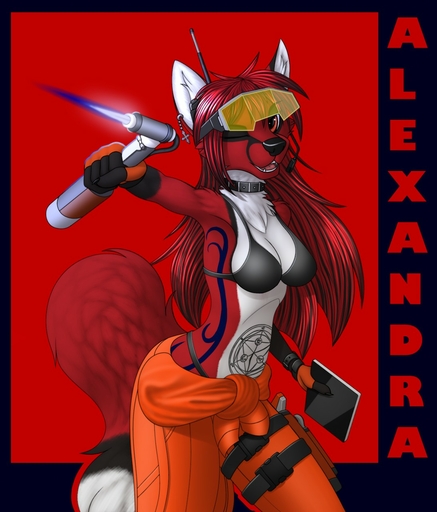 anthro bra breasts canid canine clothed clothing eyewear female fox goggles hi_res lena_alexandra mammal one_eye_closed pose solo tales_foxdale torch underwear wink working // 1092x1280 // 199.4KB