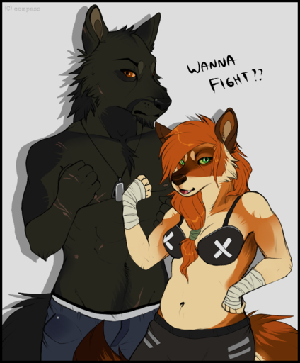 anthro black_border border bra canid canine canis clothed clothing compass_(artist) duo female jewelry looking_at_viewer male mammal navel necklace underwear wolf // 793x958 // 364KB