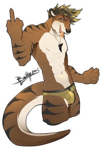 2015 abs anthro athletic biceps blue_eyes briefs brown_body brown_fur bulge canid canine canis clothed clothing domestic_dog ear_piercing facial_piercing fangs fur gesture hair hi_res hybrid jewelry kiasano kyo_(kiasano) lip_piercing looking_at_viewer lutrine male mammal markings middle_finger muscular muscular_anthro muscular_male mustelid navel necklace nipple_piercing nipples open_mouth pecs piercing simple_background smile solo stripes teeth tongue tongue_out topless underwear vexstacy white_background white_body white_fur // 876x1280 // 156.7KB