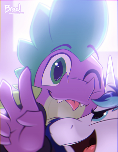 2017 absurd_res blep braeburned digital_media_(artwork) dragon duo equid equine gesture hi_res horn horse male malemale mammal one_eye_closed open_mouth shaded shining_armor_(mlp) smaller_version_at_source smile spike_(mlp) teenager tongue tongue_out unicorn v_sign young // 3400x4400 // 9.0MB