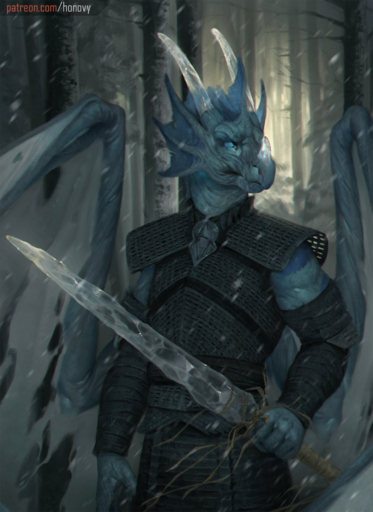 2019 5_fingers anthro blue_body blue_eyes blue_skin day detailed_background digital_media_(artwork) dragon fingers forest game_of_thrones hi_res holding_object holding_sword holding_weapon honovy horn male melee_weapon membrane_(anatomy) membranous_wings outside plant scalie snow snowing solo spines standing sword text tree undead url weapon western_dragon wings // 1458x2000 // 2.4MB