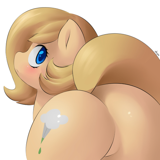 1:1 absurd_res backy_(mlp) blue_eyes blush brown_hair butt cutie_mark digital_media_(artwork) earth_pony equid equine fan_character featureless_crotch female feral hair hi_res horse looking_at_viewer looking_back mammal marblesoda pony raised_tail rear_view shaded simple_background solo white_background // 3000x3000 // 2.0MB