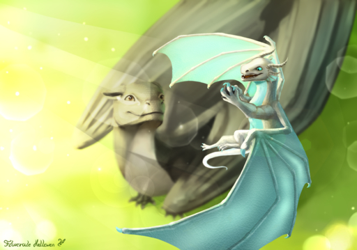 2019 absurd_res blue_eyes brown_eyes claws day digital_media_(artwork) dragon duo feral floverale-hellewen flying hi_res horn membrane_(anatomy) membranous_wings open_mouth outside scales scalie spines standing teeth tongue western_dragon wings // 5200x3650 // 9.9MB