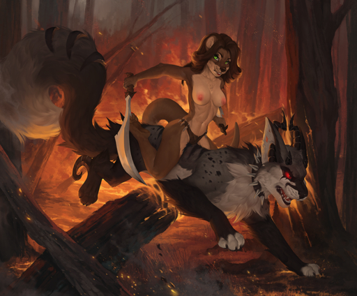 2018 4_toes 5_fingers ambiguous_gender anthro areola barefoot black_body black_fur black_lips breasts brown_hair brown_nose canid canine clothed clothing detailed_background digital_media_(artwork) duo feet female feral fingers fire forest fur green_eyes hair holding_object holding_sword holding_weapon honovy horn lips looking_at_viewer lutrine mammal melee_weapon mustelid navel nipples nude open_mouth panties paws plant red_eyes riding sword teeth toes tongue topless tree tribal_clothing tril-mizzrim underwear weapon // 1148x950 // 1.7MB
