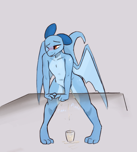 2021 anthro blue_body blush bodily_fluids clear_urine container cup digital_media_(artwork) dragon enginetrap female flat_chested genital_fluids grey_background hi_res horn membrane_(anatomy) membranous_wings nude one_eye_closed peeing peeing_into_container peeing_into_cup scalie shaded simple_background solo standing syl_(enginetrap) urine watersports western_dragon wings // 1500x1656 // 801.6KB