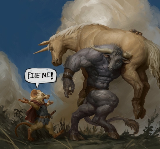 anthro bound bovid bovine clothed clothing detailed_background english_text equid equine european_mythology feral fur greek_mythology hooves horn horse humor jerome_jacinto male mammal melee_weapon minotaur mouse murid murine muscular muscular_male mythology outside rodent sky speech_bubble sword text trio unicorn weapon white_body white_fur // 1104x1033 // 136.8KB