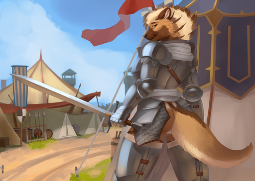absurd_res anrak_(scidragon) anthro armor bodypaint butt camp female fur gnoll hi_res hyaenid looking_at_viewer looking_back mammal mane melee_weapon merrunz orange_body orange_fur rear_view sky solo standing striped_hyena stripes sword tent weapon yellow_eyes // 5000x3550 // 6.6MB
