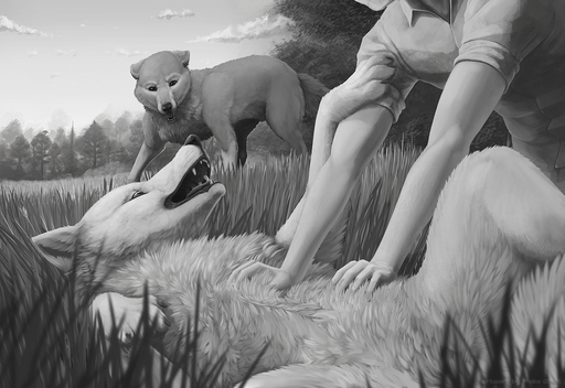 2021 ambiguous_gender belly_rub canid canine canis clothed clothing cloud day detailed_background fangs feral fluffy grass greyscale human ipoke mammal monochrome open_mouth outside plant sky teeth tree trio wolf // 1200x825 // 1.2MB