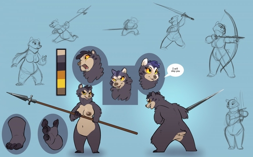 2018 anthro arrow bow_(weapon) breasts casual_nudity dialogue english_text featureless_crotch female fur grey_body grey_fur halberd holding_object holding_spear holding_sword holding_weapon mammal melee_weapon model_sheet nipples nude polearm ranged_weapon siroc solo spear sword text ursid weapon // 1280x798 // 138.1KB